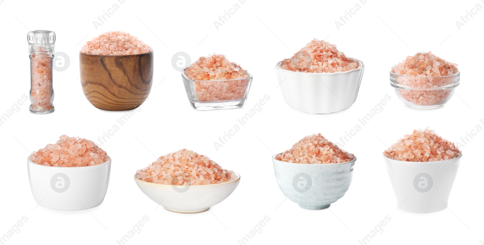 Image of Set with pink himalayan salt on white background