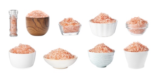 Set with pink himalayan salt on white background