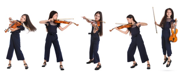 Image of Collage with photos of preteen girl playing violin on white background, banner design