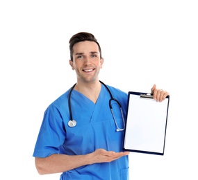Photo of Portrait of medical assistant with stethoscope and clipboard on white background. Space for text