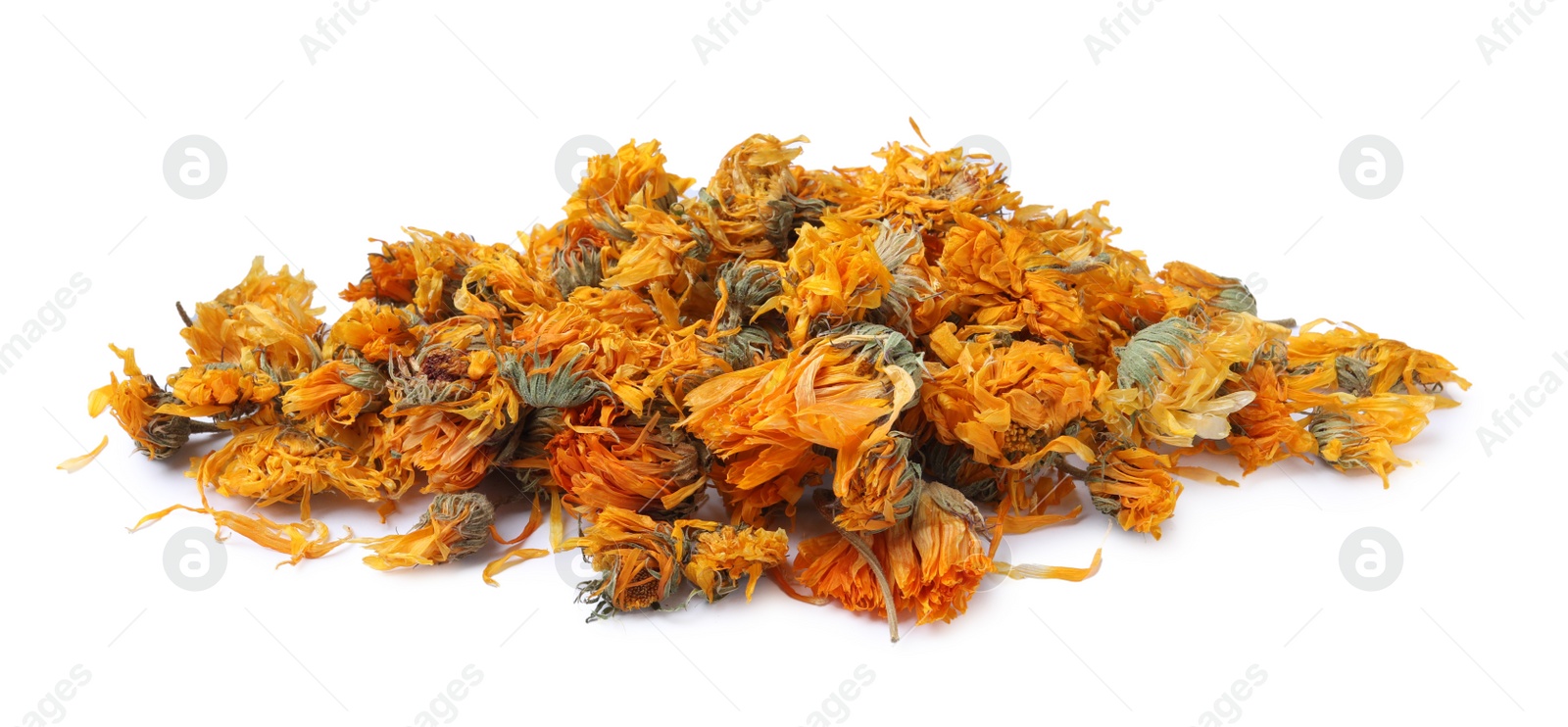 Photo of Pile of dry calendula flowers on white background