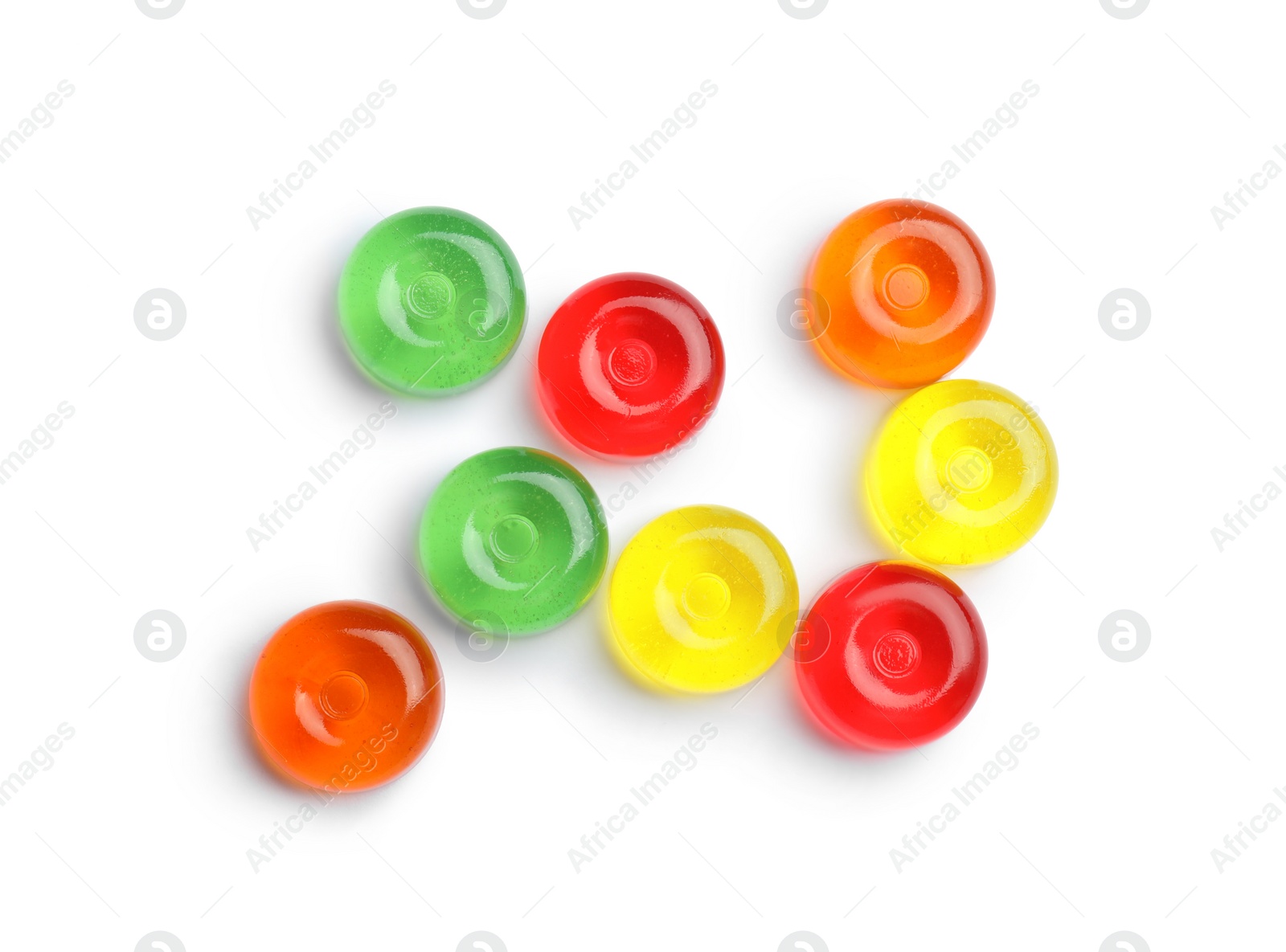 Photo of Delicious colorful candies on white background, top view