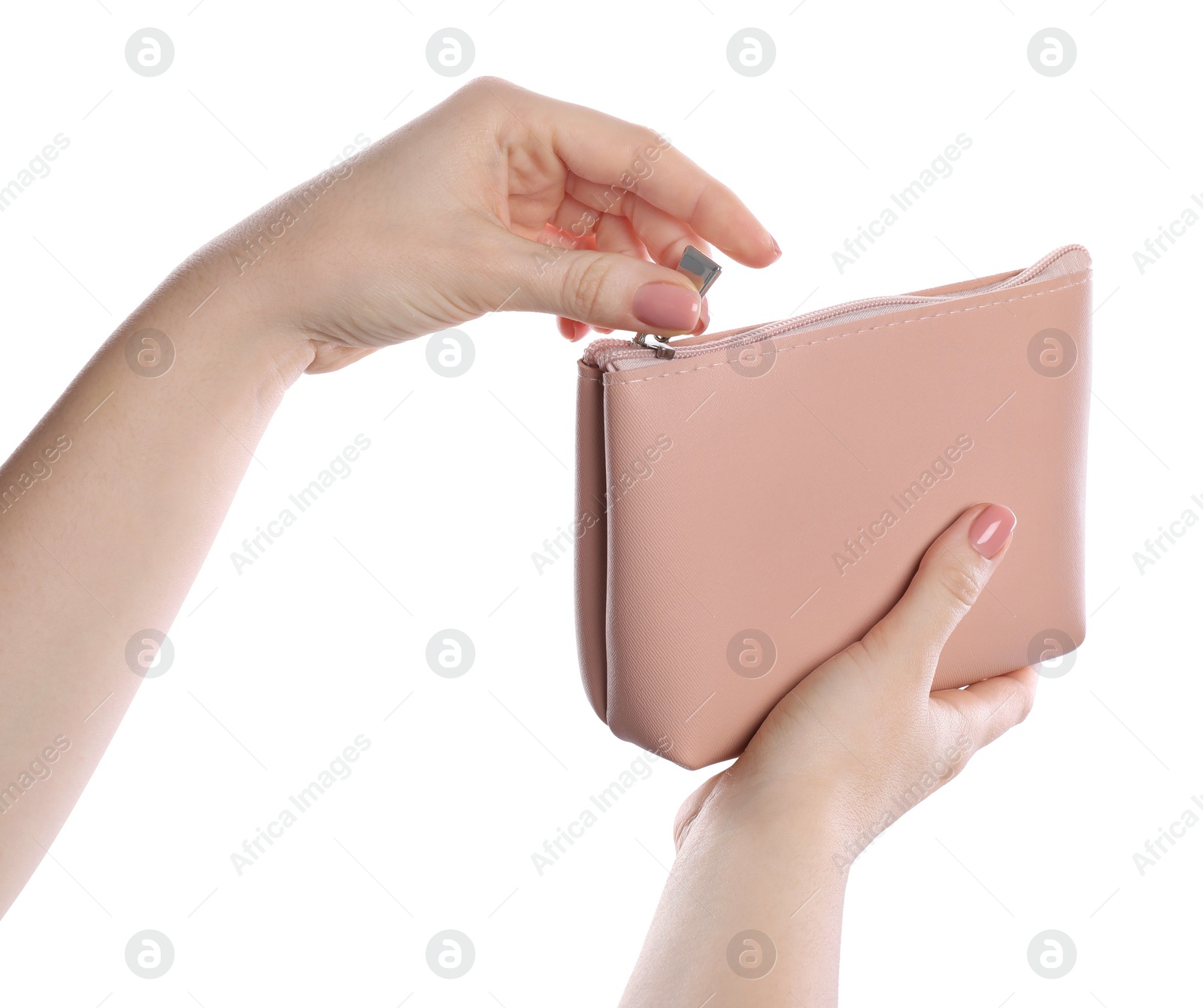 Photo of Woman with cosmetic bag isolated on white, closeup