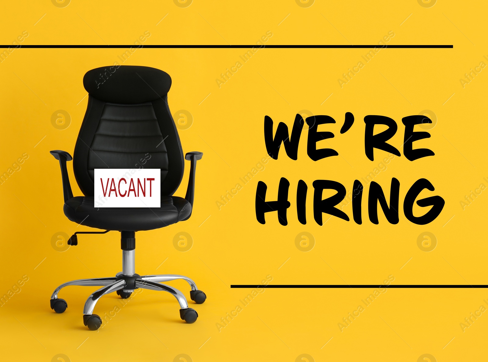 Image of Black office chair with sign VACANT and text WE`RE HIRING on yellow background