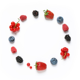 Photo of Frame of different berries on white background, top view