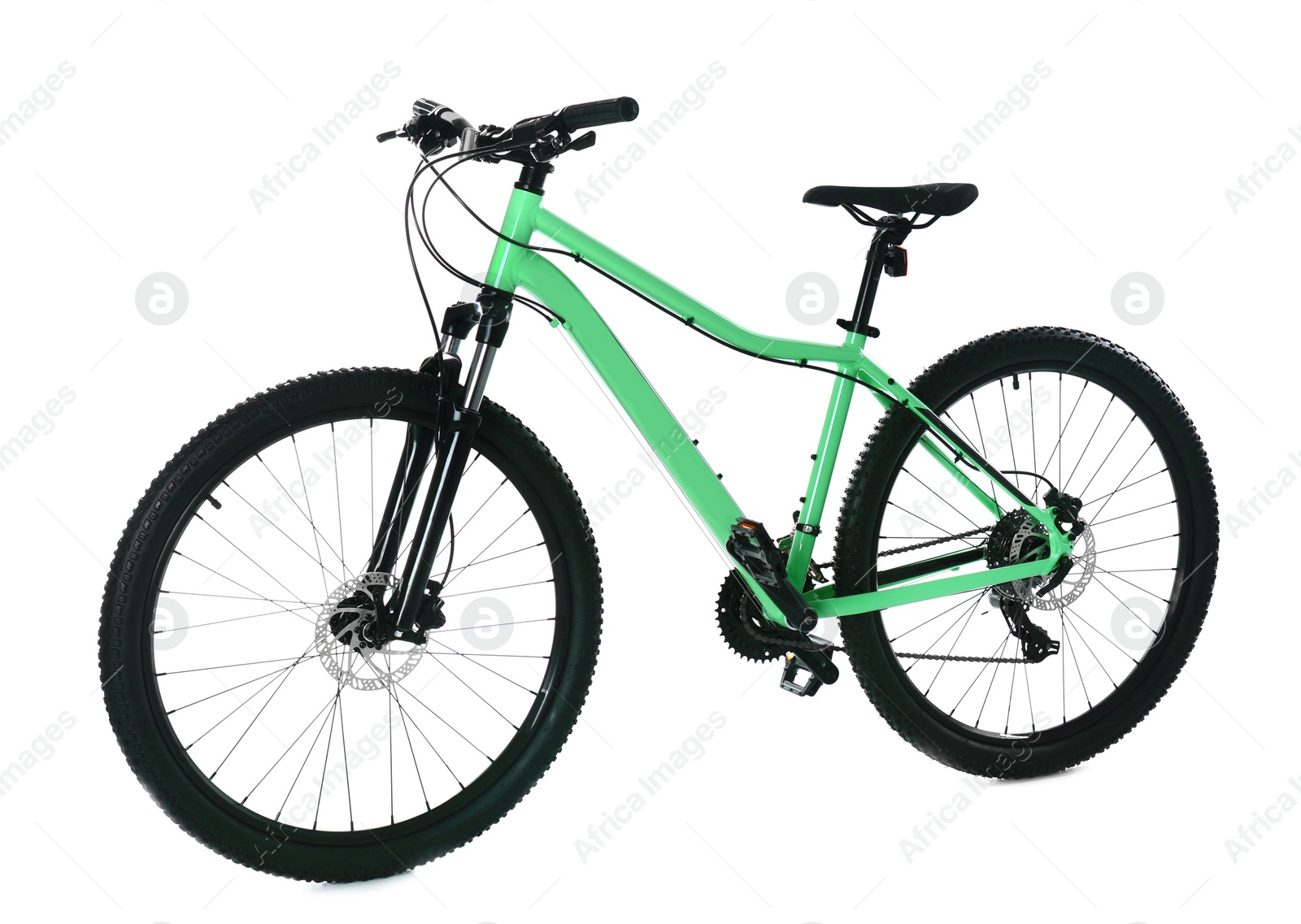 Photo of Modern bicycle on white background. Healthy lifestyle