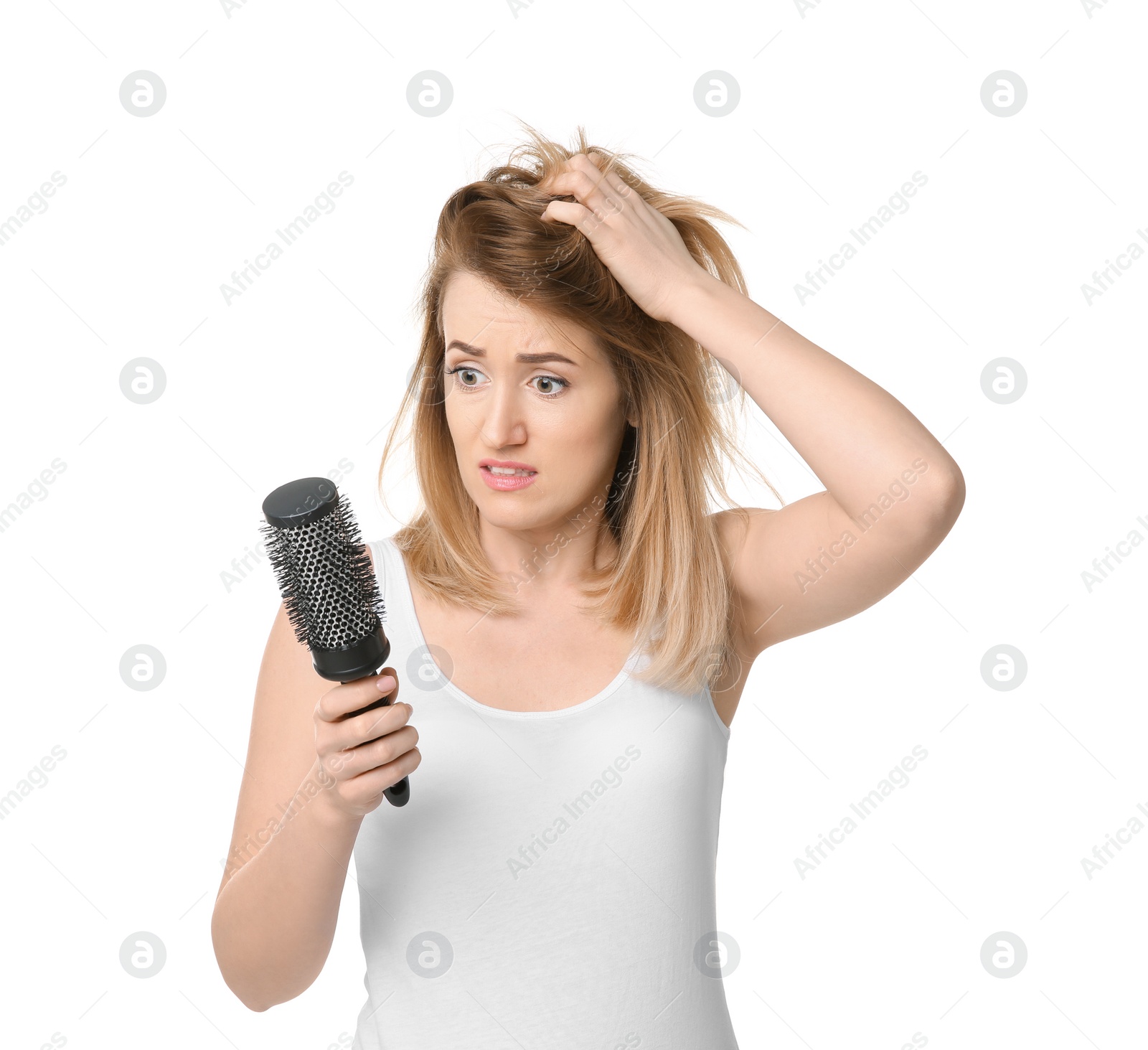 Photo of Young woman with hair loss problem on white background