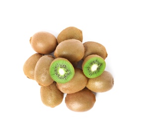 Cut and whole fresh kiwis on white background, top view