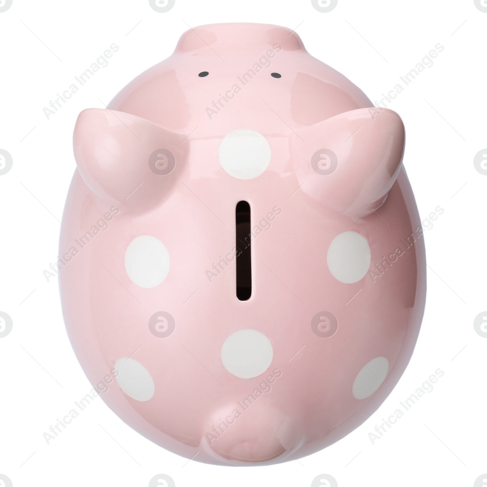 Photo of Pink piggy bank on white background, top view. Money saving