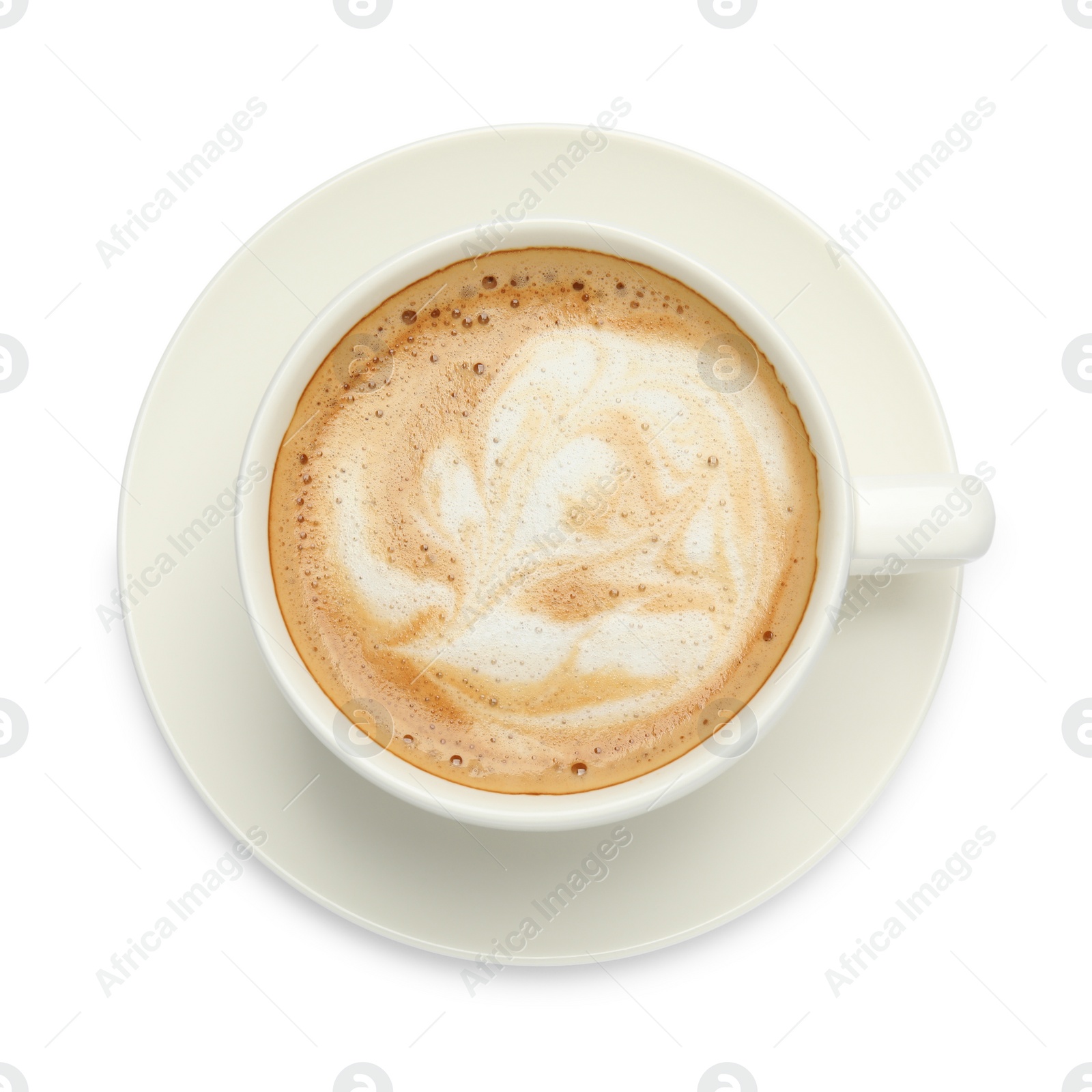 Photo of Cup of hot coffee isolated on white, top view