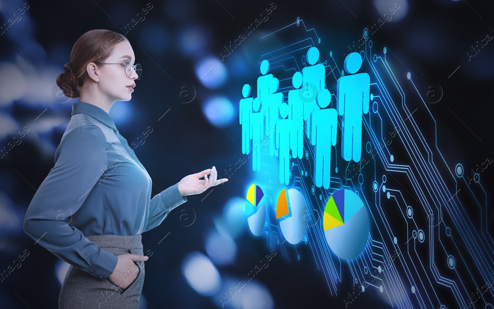 Image of Young businesswoman near virtual screen with people figures and different charts. Finance trading concept