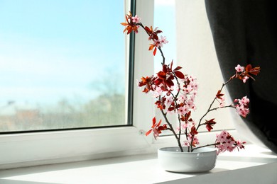 Spring season. Composition with beautiful blossoming tree branches on windowsill