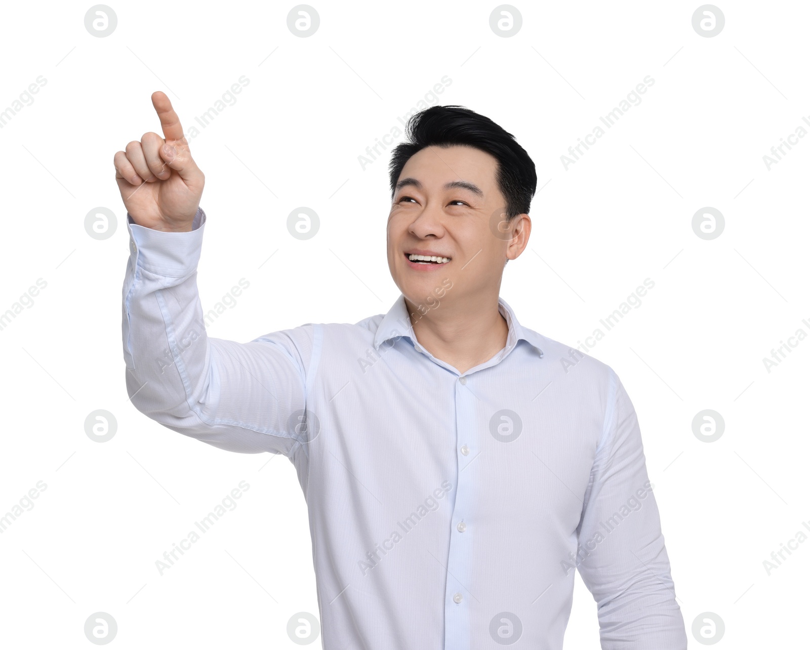 Photo of Businessman in formal clothes posing on white background