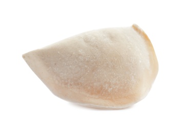 Photo of Raw dumpling with tasty filling on white background