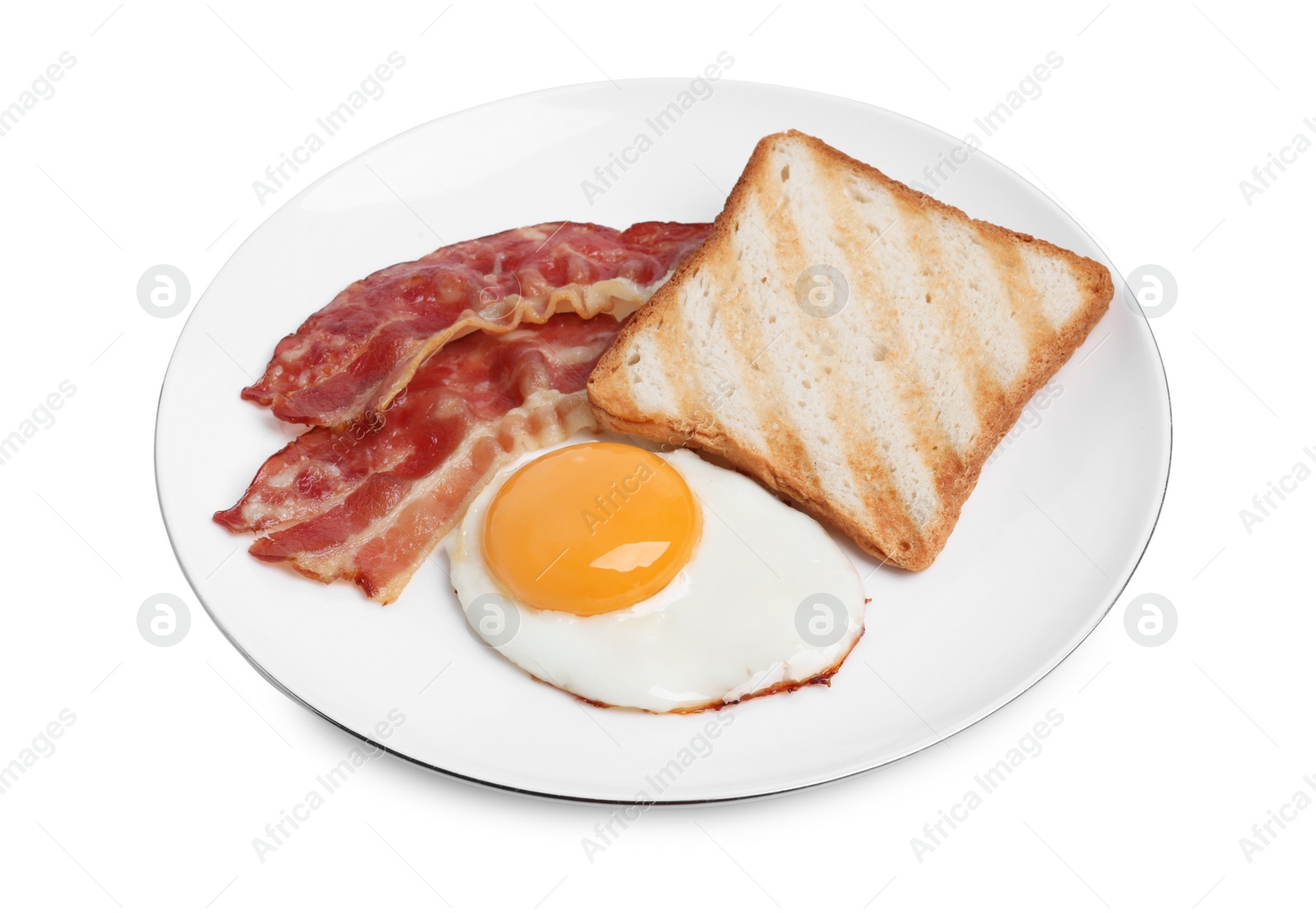 Photo of Plate with delicious fried egg, bacon and toast isolated on white