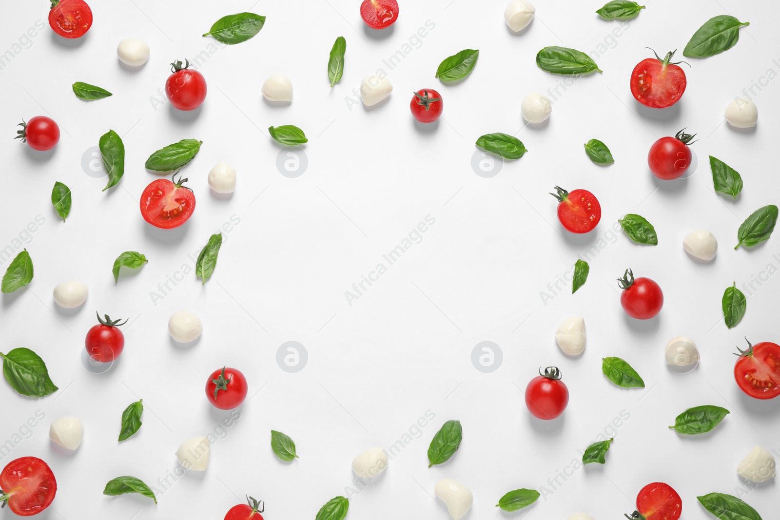 Photo of Flat lay composition with fresh pizza ingredients on white background. Space for text