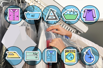 Image of Different icons and female worker taking clothes from garment conveyor at dry-cleaner's, closeup