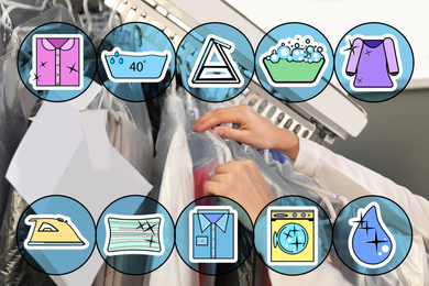 Different icons and female worker taking clothes from garment conveyor at dry-cleaner's, closeup