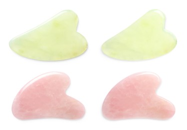 Jade and rose quartz gua sha tools on white background, top view. Collage