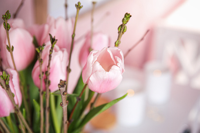 Photo of Beautiful bouquet with spring pink tulips, closeup