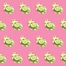 Set of delicious toasted bread with spread, cucumber and arugula on pink background, top view