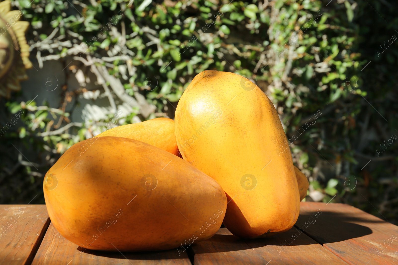 Photo of Fresh ripe papaya fruits on wooden table outdoors