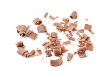 Many tasty chocolate shavings isolated on white