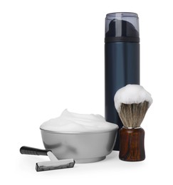 Photo of Set of men's shaving accessories on white background