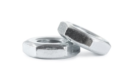 Two metal jam nuts on white background