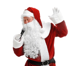 Photo of Santa Claus singing on white background. Christmas music
