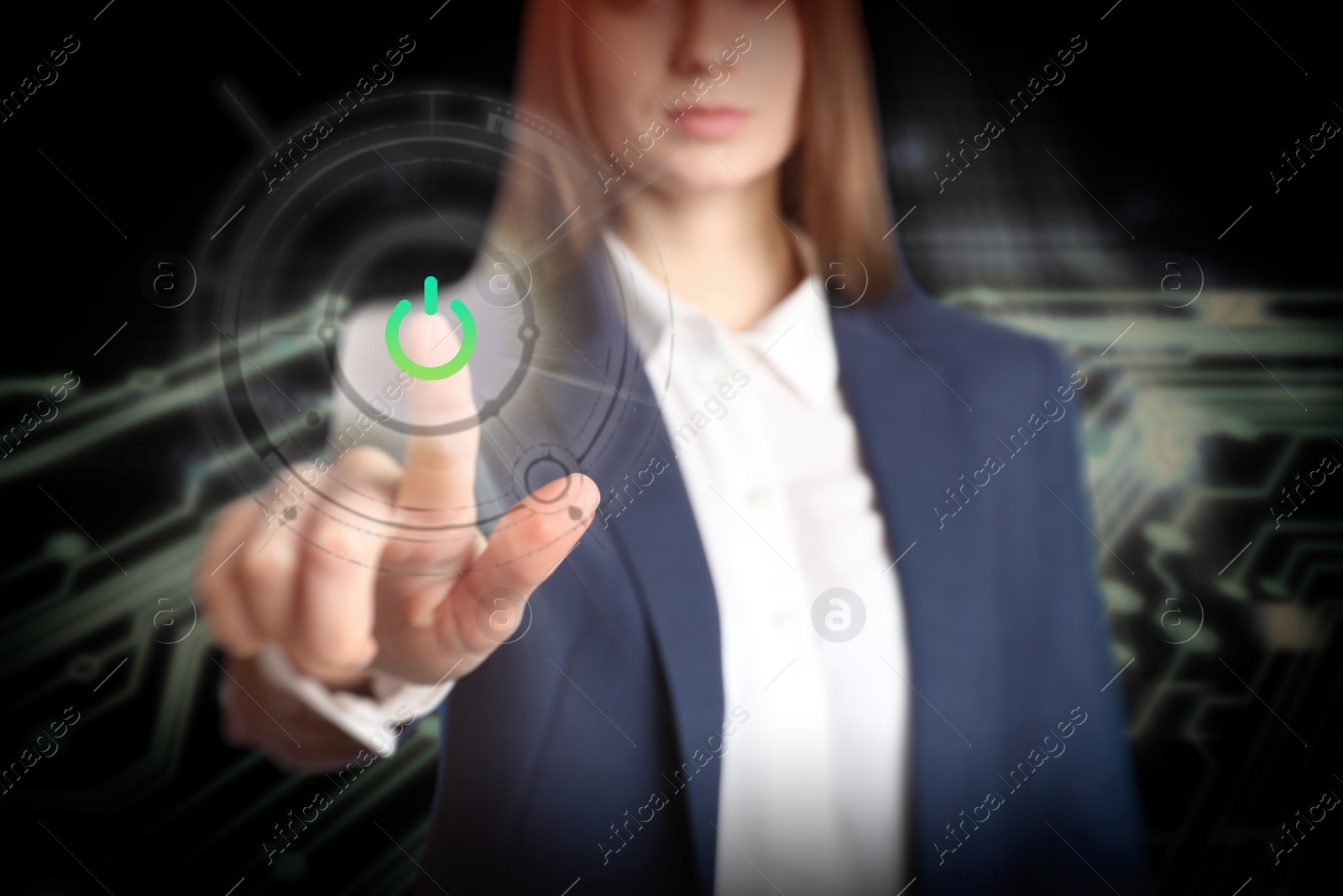 Image of Woman pressing power button on virtual screen, closeup 