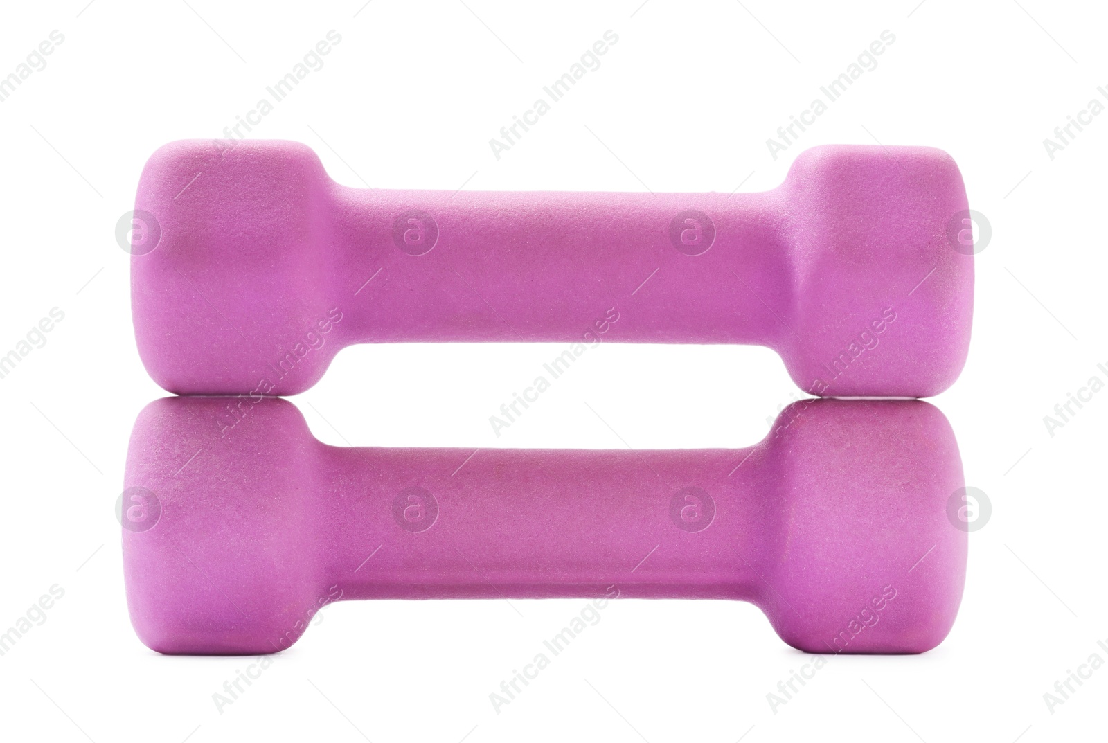 Photo of Violet dumbbells isolated on white. Sports equipment