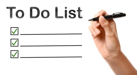 Image of Woman writing words To Do List on glass board against white background, closeup. Illustration of check boxes with marks and lines