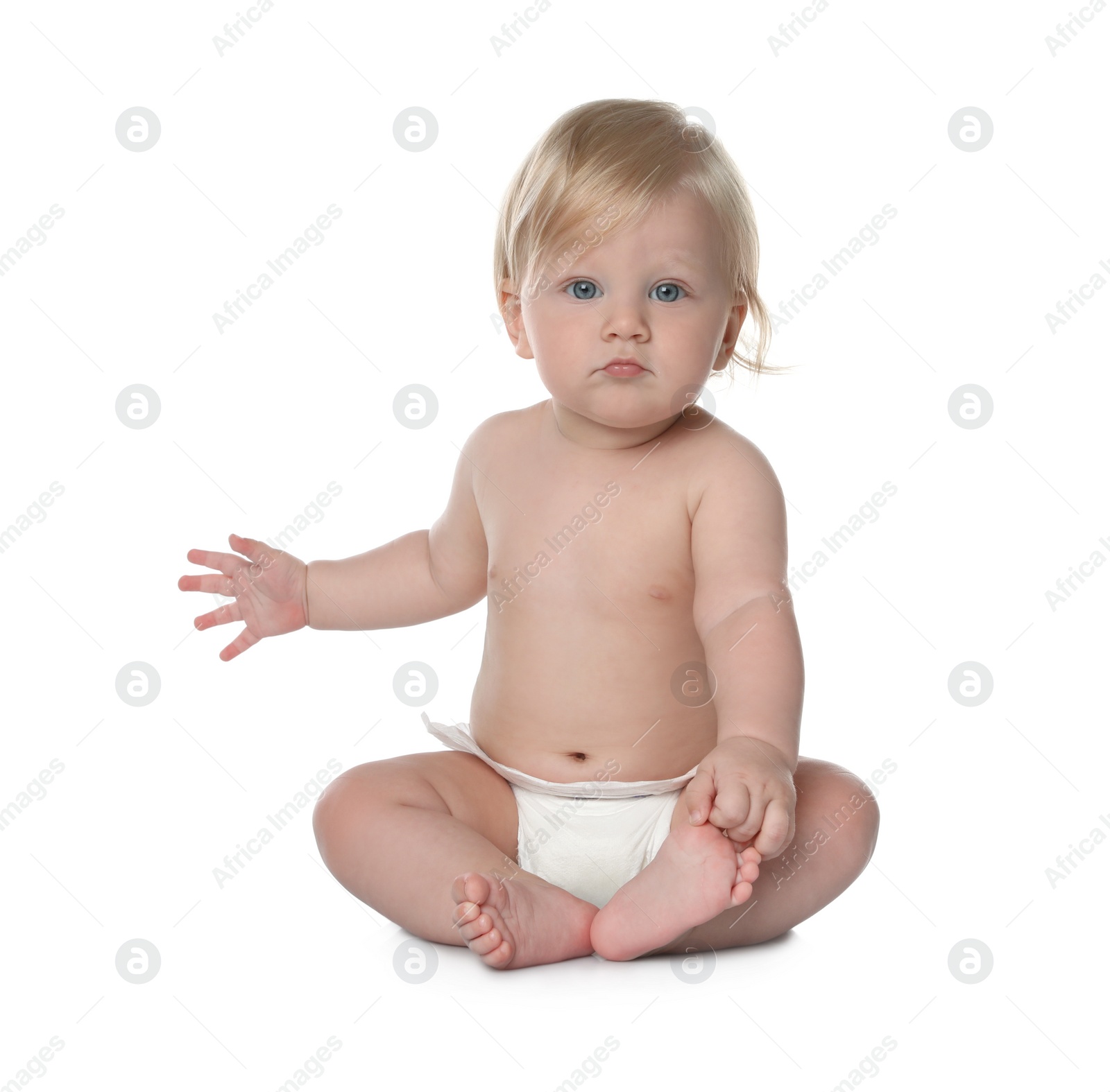 Photo of Cute little baby in diaper on white background