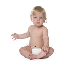 Cute little baby in diaper on white background