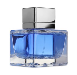 Photo of Blue men perfume in glass bottle isolated on white