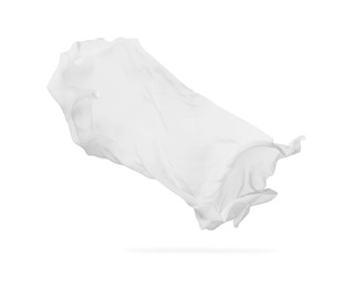 Photo of Beautiful tulle fabric flying on white background