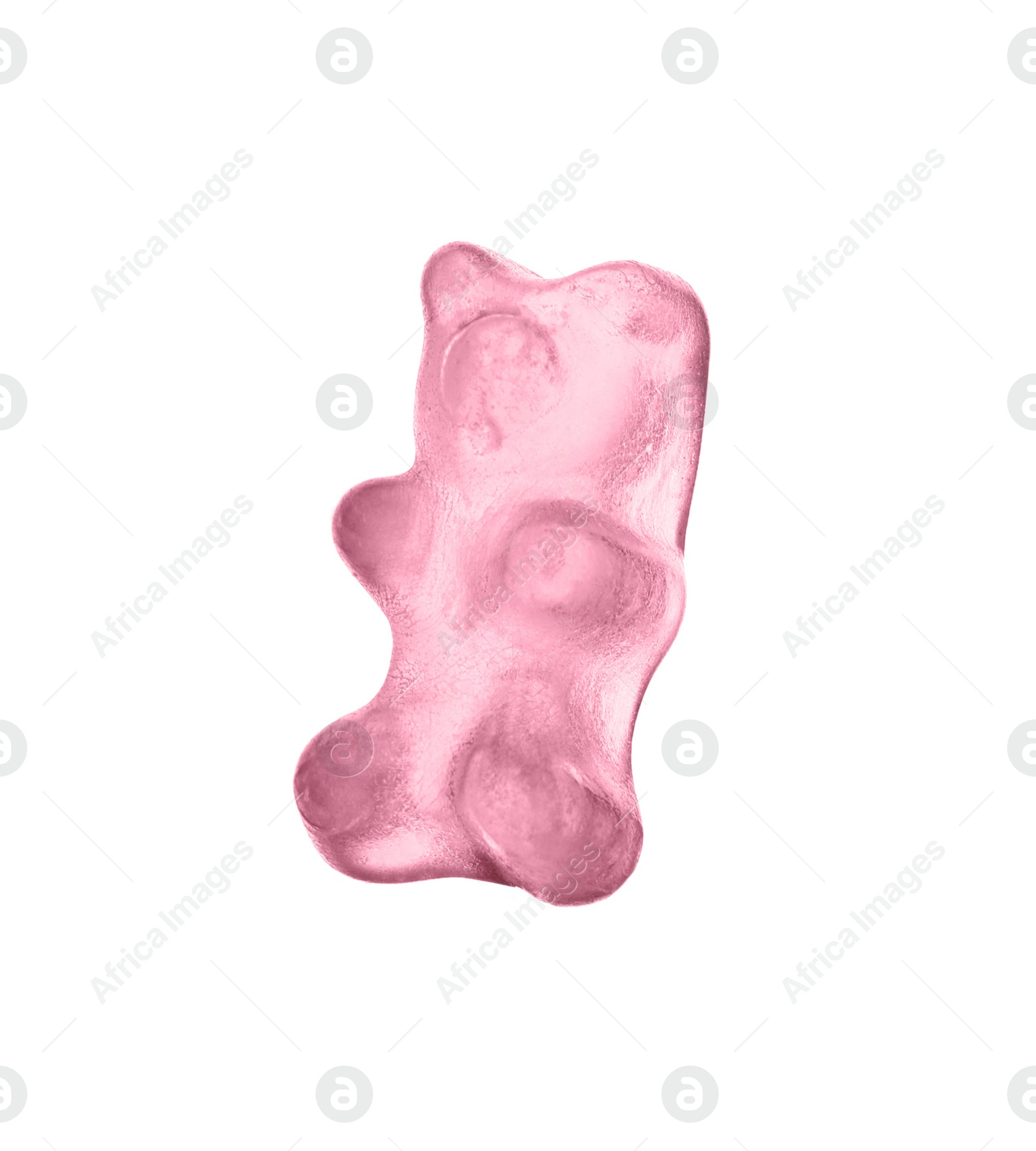 Photo of Delicious pink jelly bear on white background