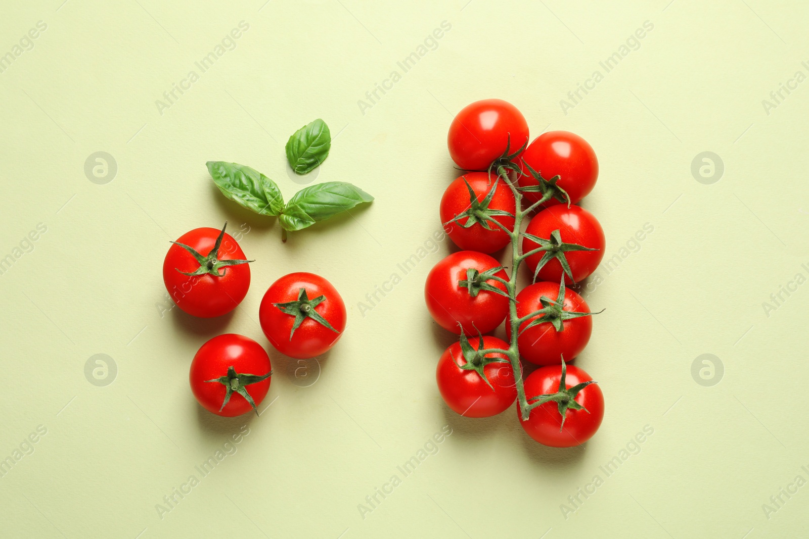 Photo of Flat lay composition with ripe cherry tomatoes and basil leaves on color background