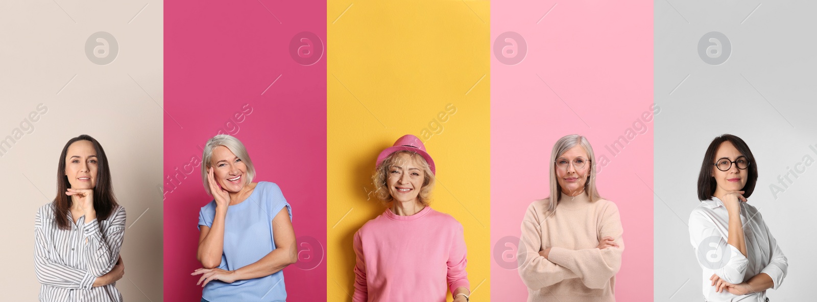 Image of Beautiful ladies on different color backgrounds, collection of photos