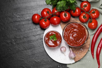 Organic ketchup in bowls and ingredients on black table, flat lay with space for text. Tomato sauce