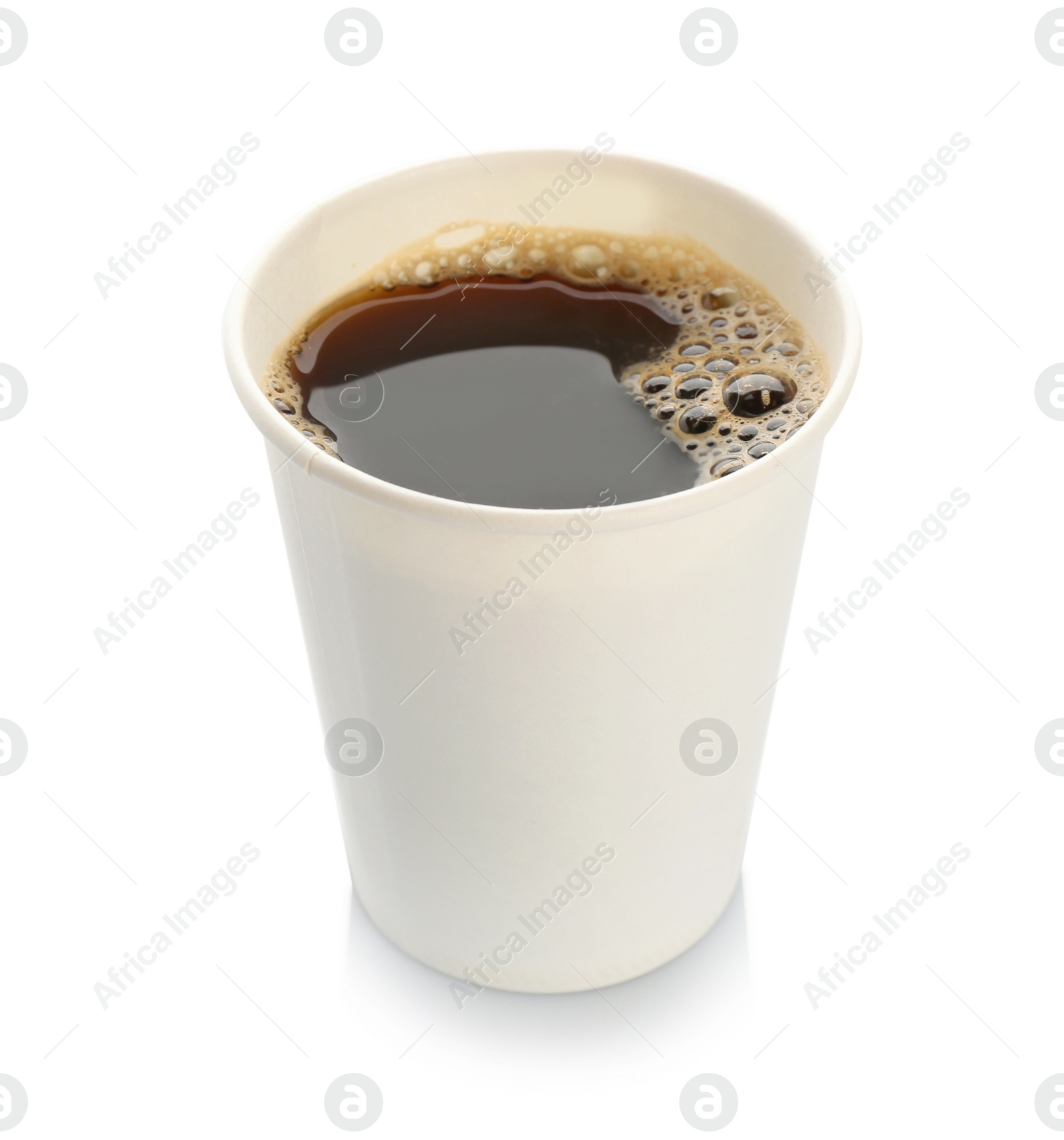 Photo of Aromatic coffee in takeaway paper cup on white background. Space for design