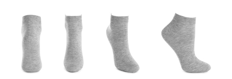 Set with light grey socks on white background. Banner design