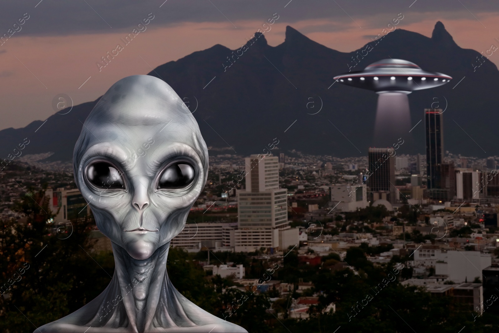 Image of Alien and flying saucer at city. UFO, extraterrestrial visitors