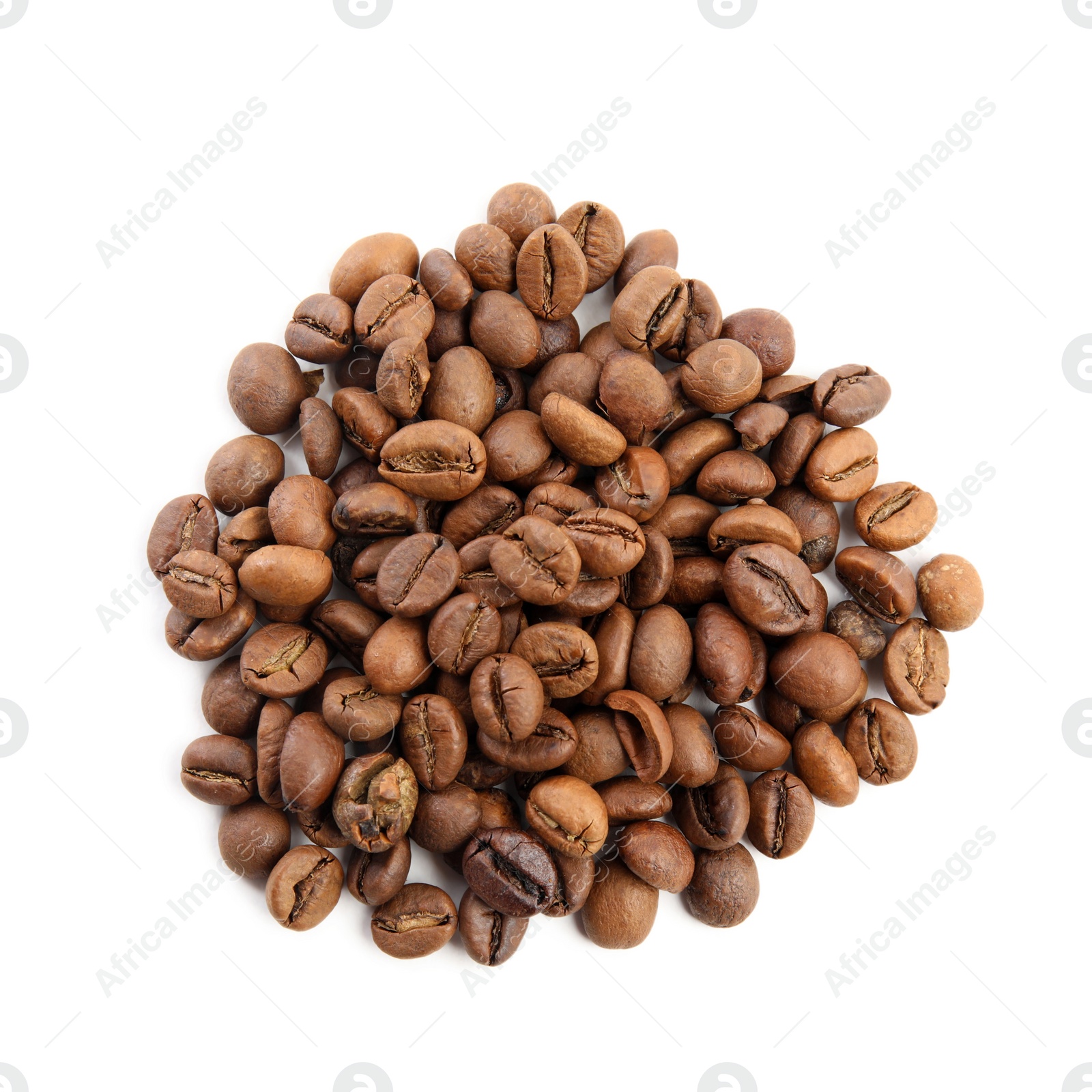 Photo of Heap of roasted coffee beans isolated on white, top view