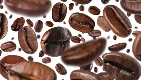 Image of Roasted coffee beans falling o white background