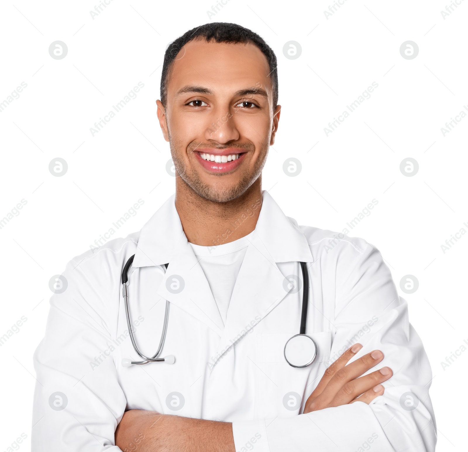 Photo of Doctor or medical assistant (male nurse) in uniform with stethoscope on white background