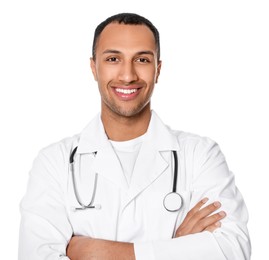 Doctor or medical assistant (male nurse) in uniform with stethoscope on white background