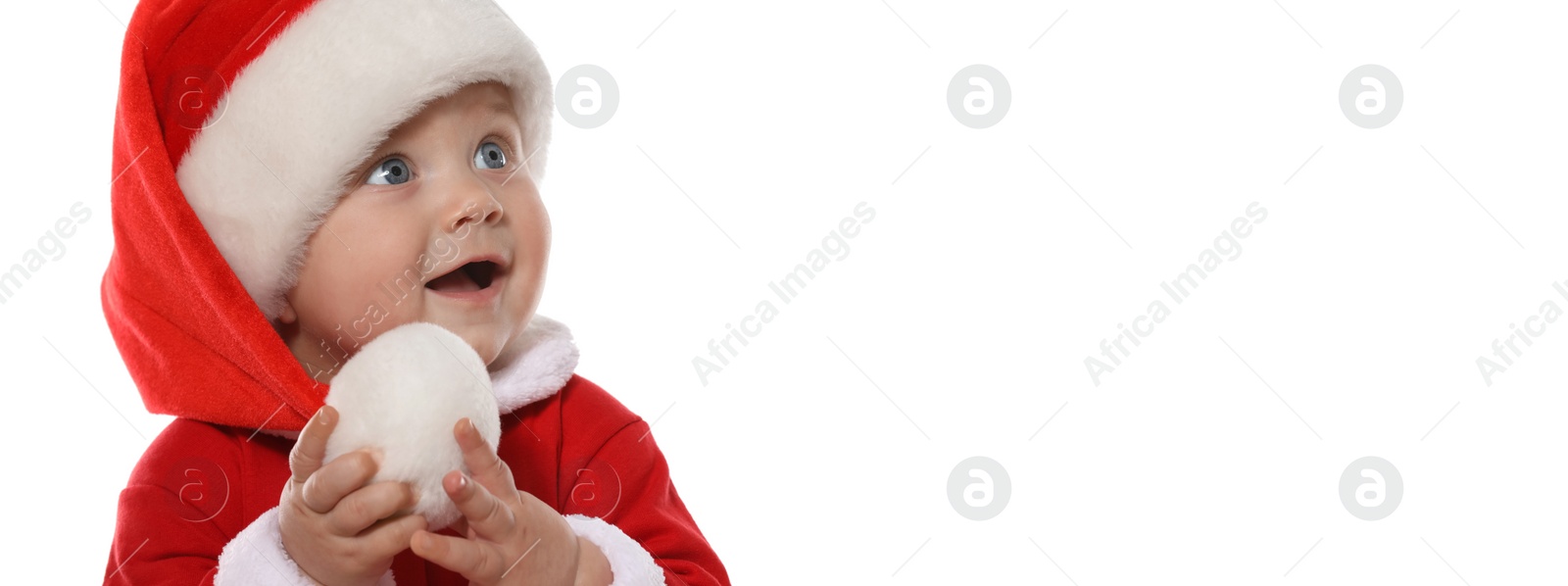 Image of Cute baby wearing Christmas costume on white background. Banner design