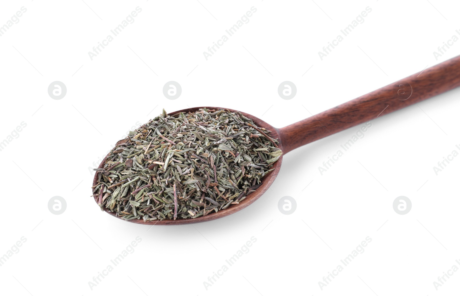 Photo of Spoon of dried thyme isolated on white